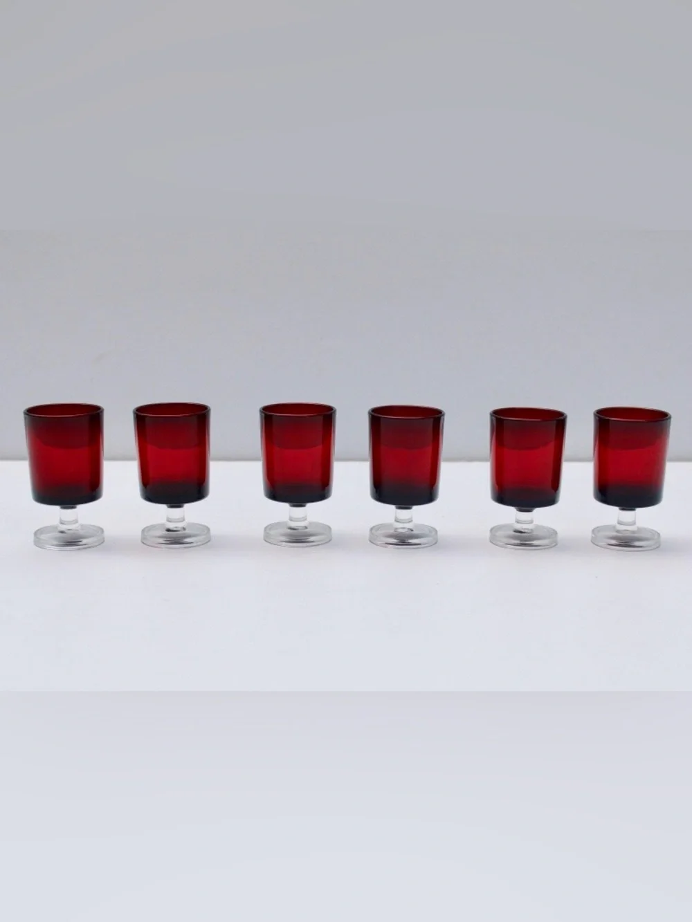 Vtg. Set Of 6 ruby red clear cordial glasses set, Cavalier pattern French glass